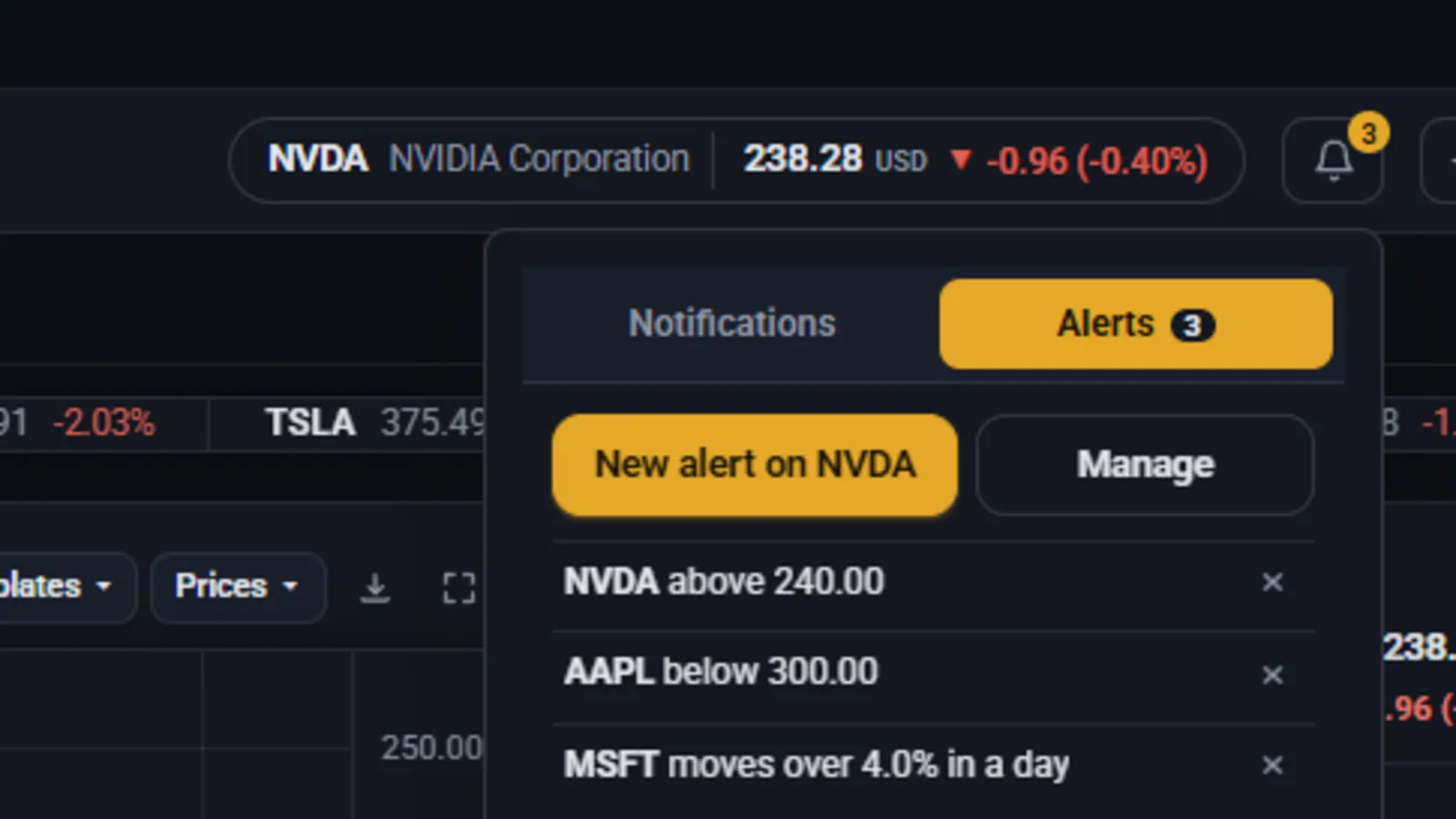 The NVDA dashboard with the Alerts tab open in the notifications panel, listing three alerts: NVDA above 240.00, AAPL below 300.00 and MSFT moving more than 4% in a day